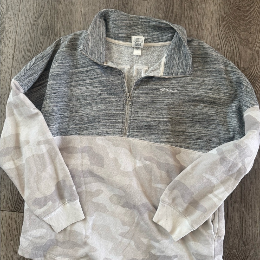 Victoria's Secret Gray and Cream Camouflage Half-Zip Hoodie